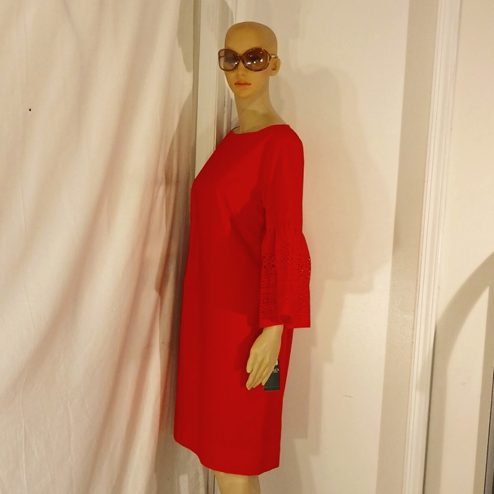 NWT Lauren Ralph Lauren Red Boat Neck Bell Sleeve Dress - Picture 5 of 12